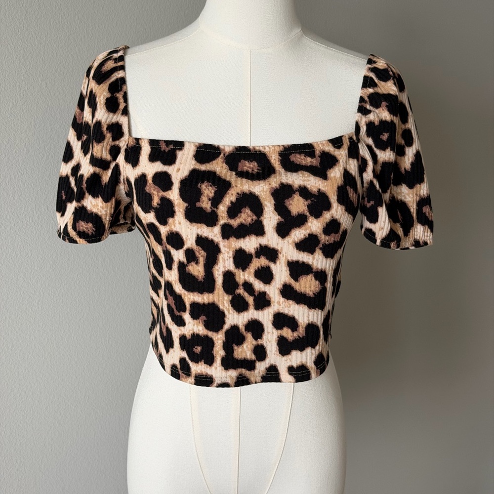 H&M Animal/Leopard Print Square Neck Cropped Blouse/ Top- M